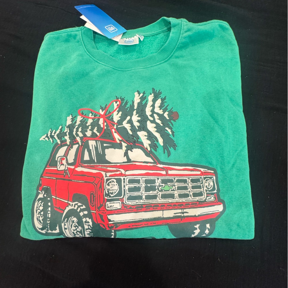 Green sweatshirt with Red Chevy Truck w/ Christmas tree graphics design 🎄